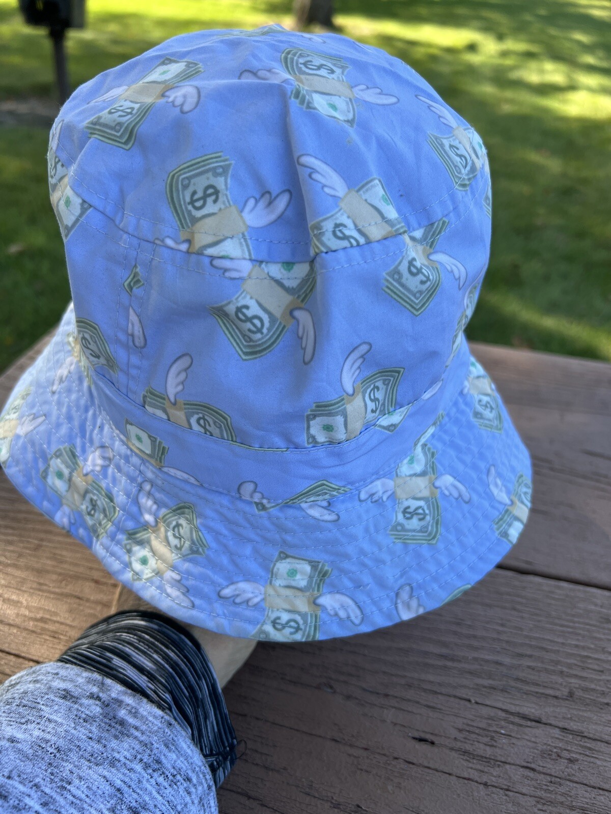 City Hunter Brand Bucket Hat Light Blue w Dollar Bills with Wings—Big Spender.