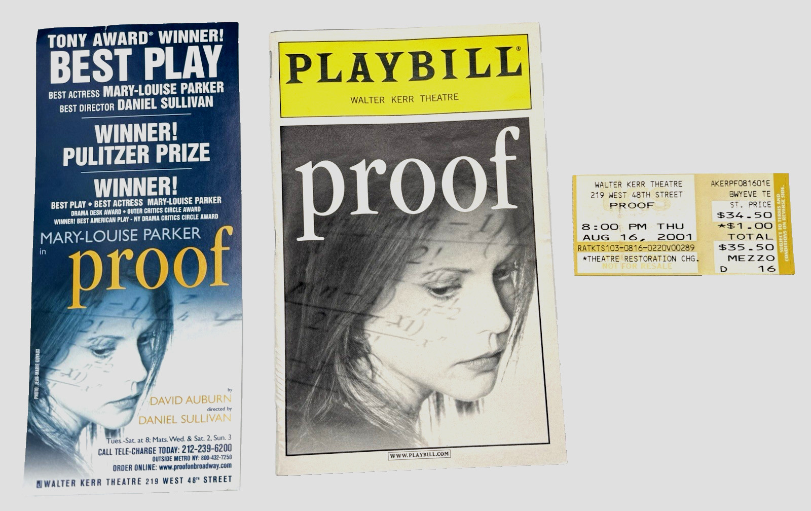 PROOF PLAYBILL August 2001 MARY LOUISE PARKER and Ticket Stub w/ Insert