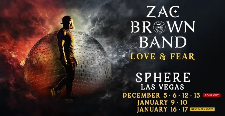 Zac Brown Band At The Sphere January 17, 2026. 2 tickets, Section 107 End of Row