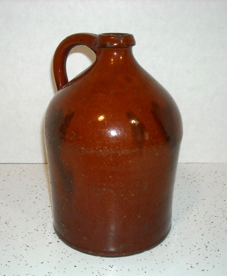 Antique Short 8 1/2" Half-Gallon Redware Stoneware Jug Manganese Splotches