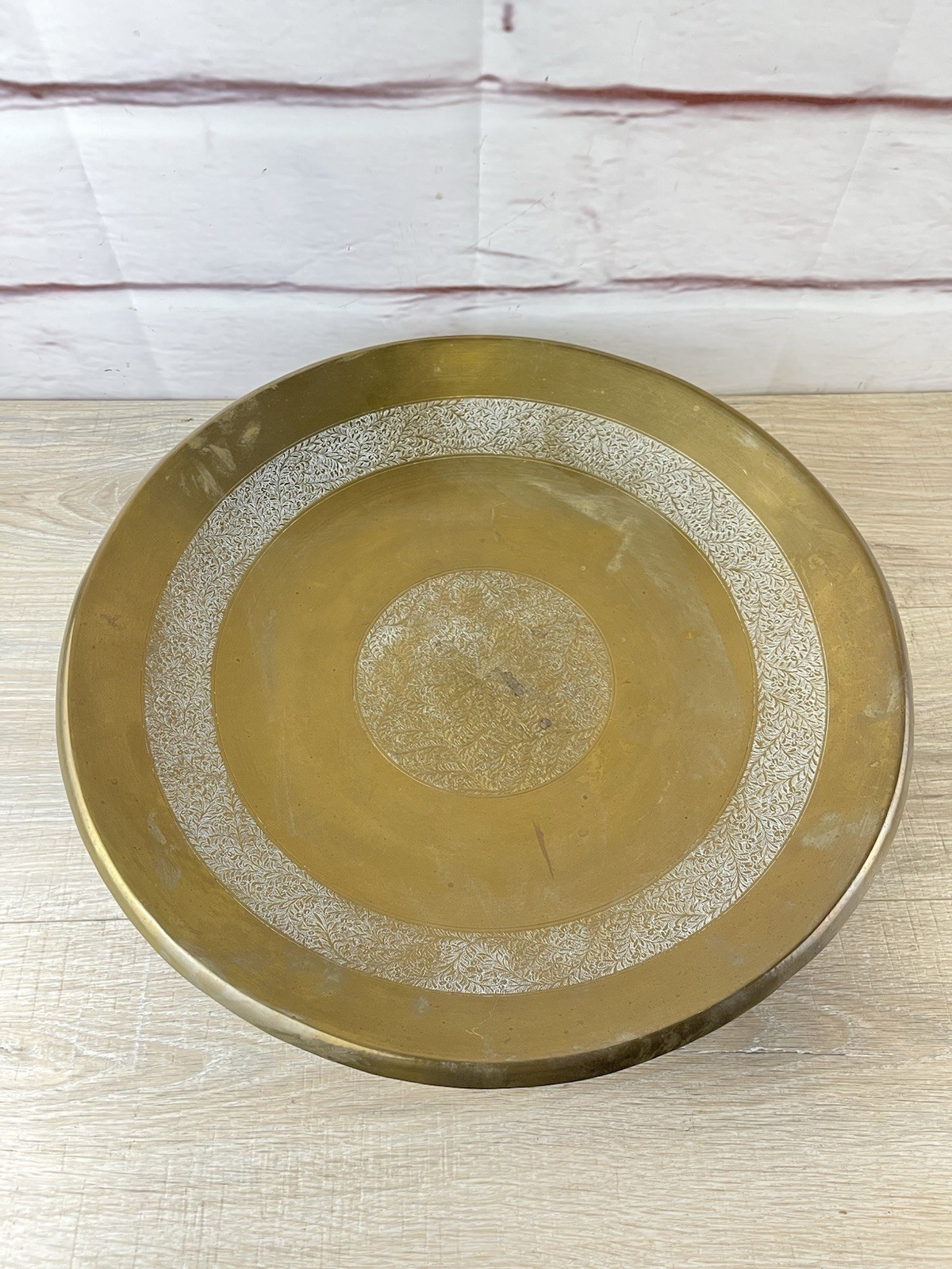 Large Gold Etched Brass Bowl India 18" Wall Hanging Round