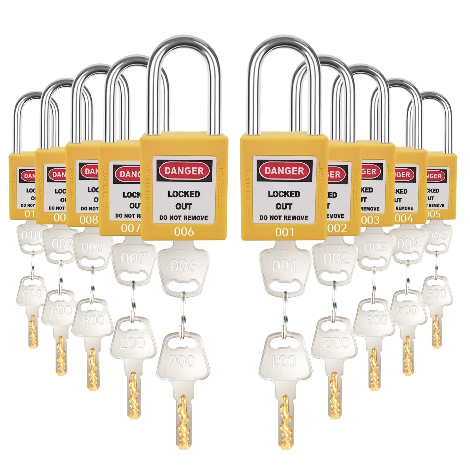 Lockout Tagout Lock Set-10pcs Keyed Different Yellow, 2 Keys, OSHA Compliant ...