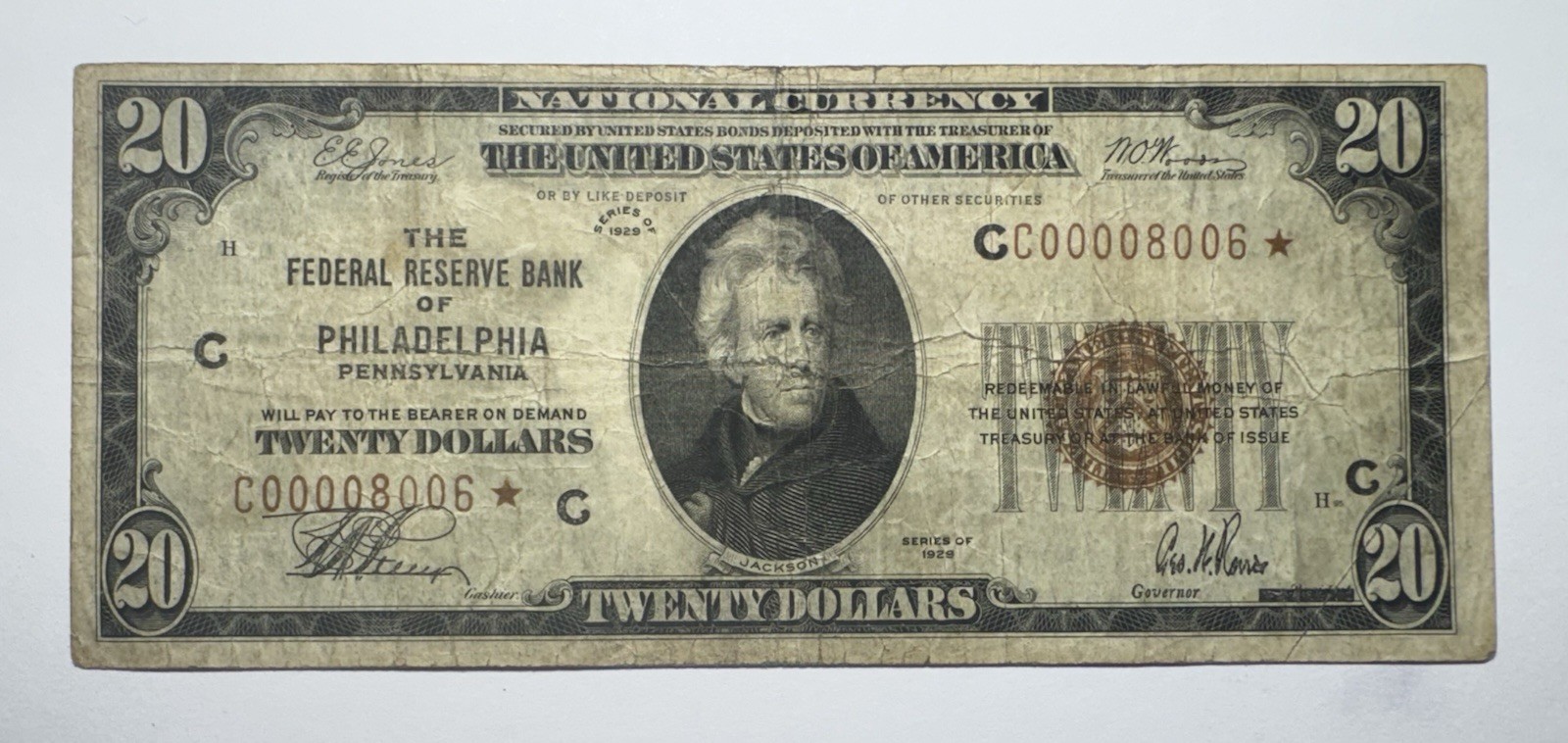 1929 $20 Federal Reserve Bank of Philadelphia, Low serial number Star Note