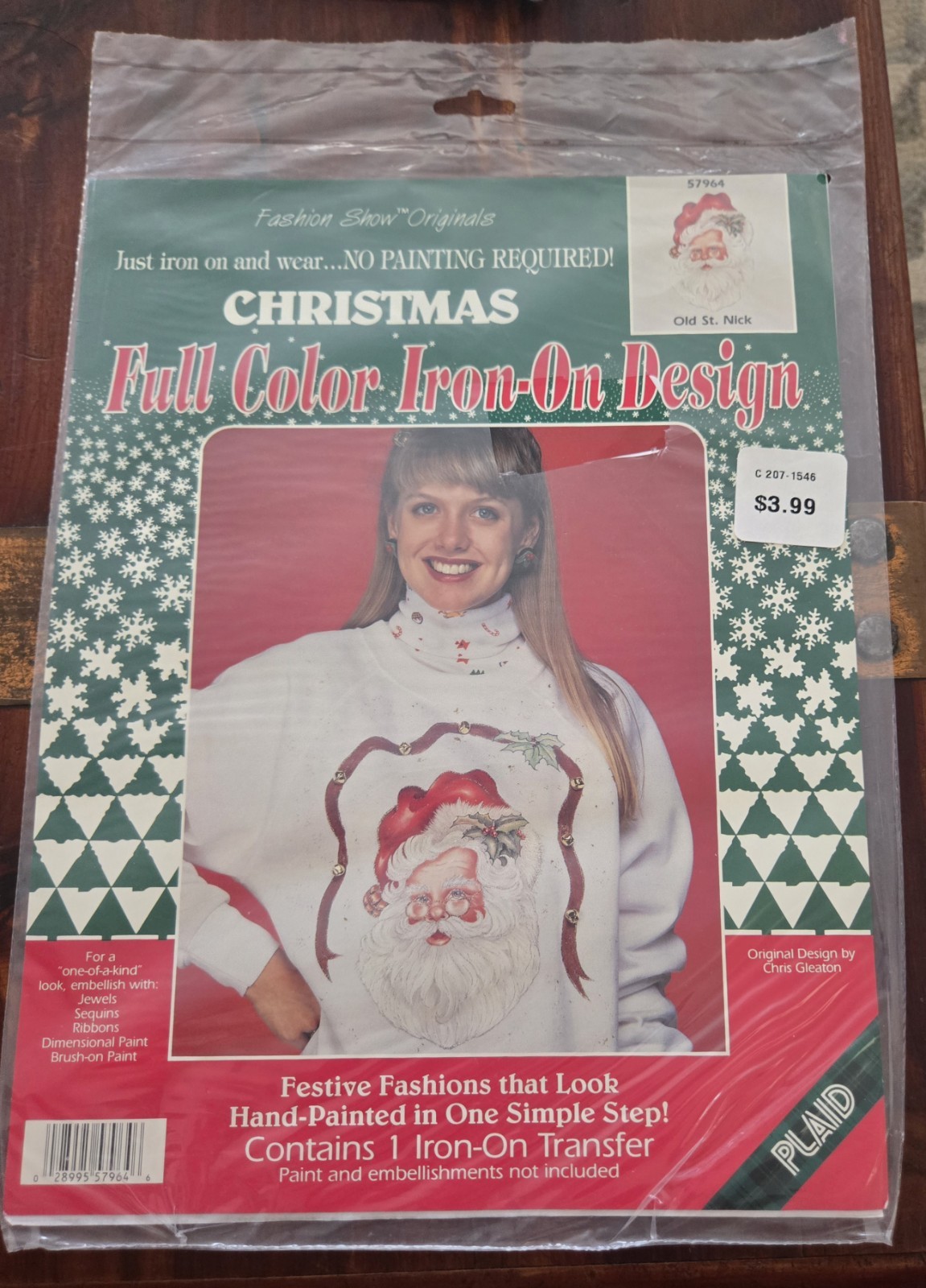 Vintage NOS Plaid Iron-On Transfer 57964 Old St. Nick Holiday Christmas Design