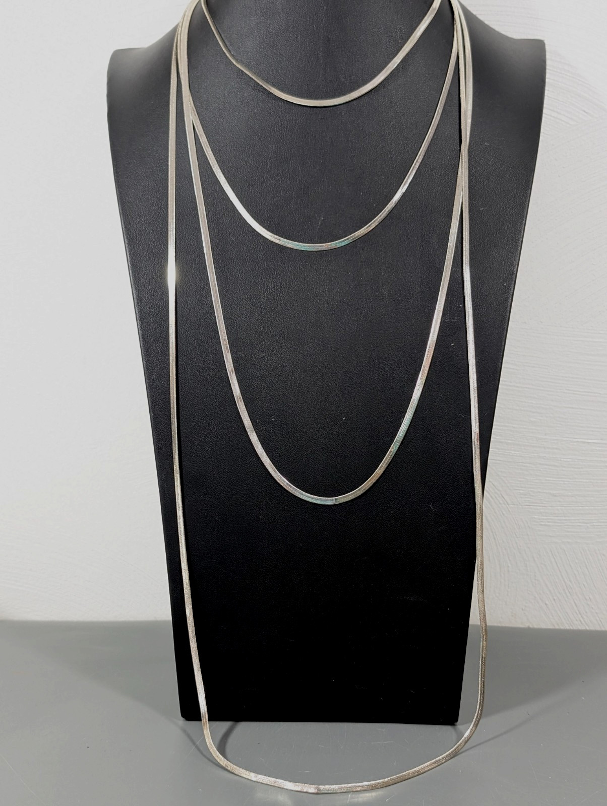 Silver Tone Herringbone Chain Multi Layer Long Bib Necklace 15"