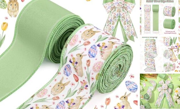 2 Rolls Easter Wired Edge Ribbon Watercolor Green Easter Bunny Tulip Eggs 