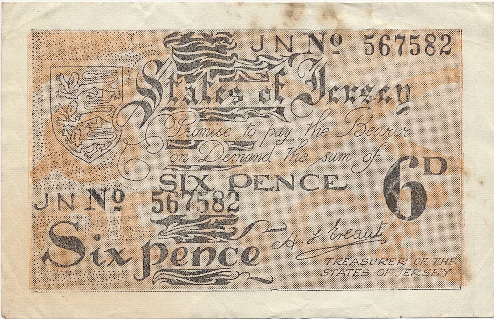 JERSEY banknote 6 Pence 1942 VF+ Choice Very Fine