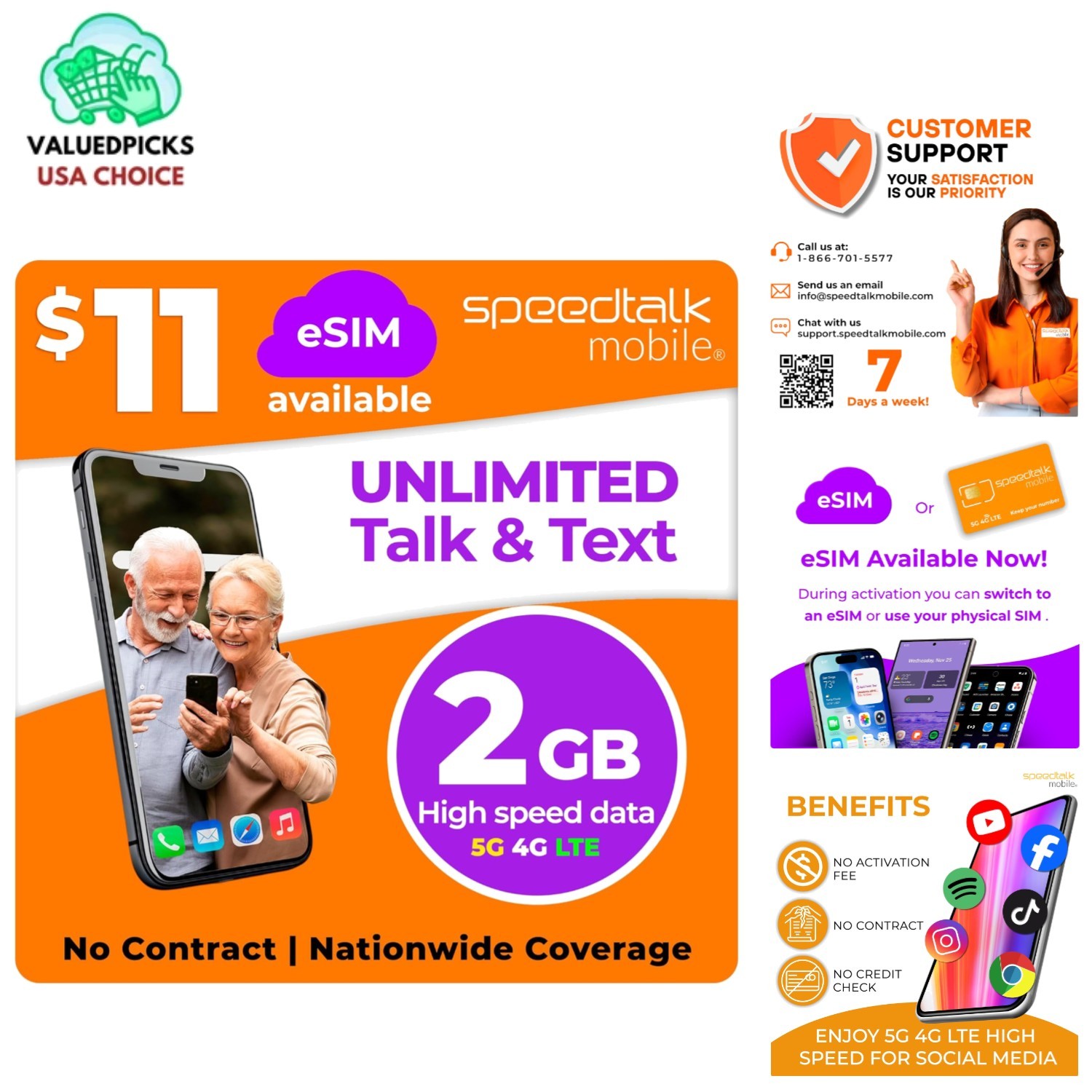 30-Day SpeedTalk Prepaid Phone Plan - Unlimited Talk & Text + 2GB 5G/4G LTE Data
