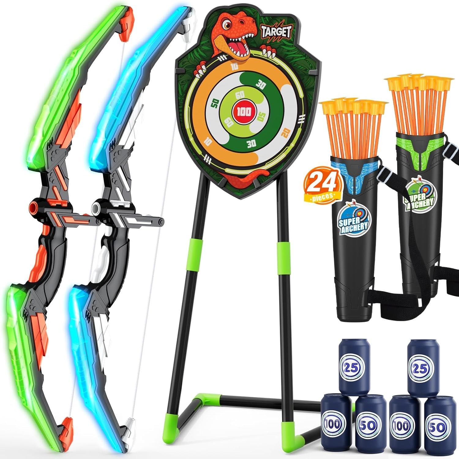 2 Pack Kids Bow and Arrow Set, LED Light up Archery Toy Set with 30 Suction Cup