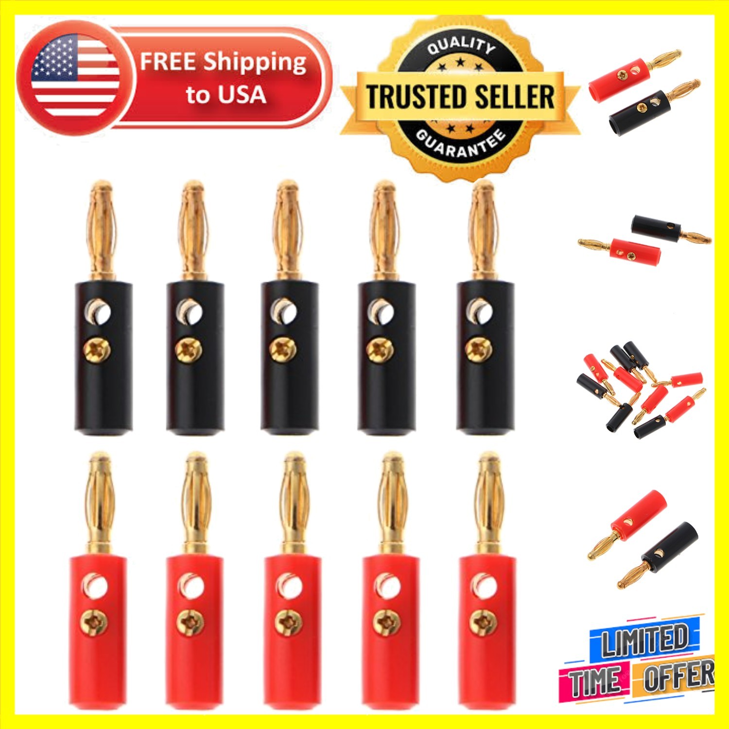 10-Pack Banana Plugs - Screw-On Audio Connectors for Speaker Wires - Red & Black