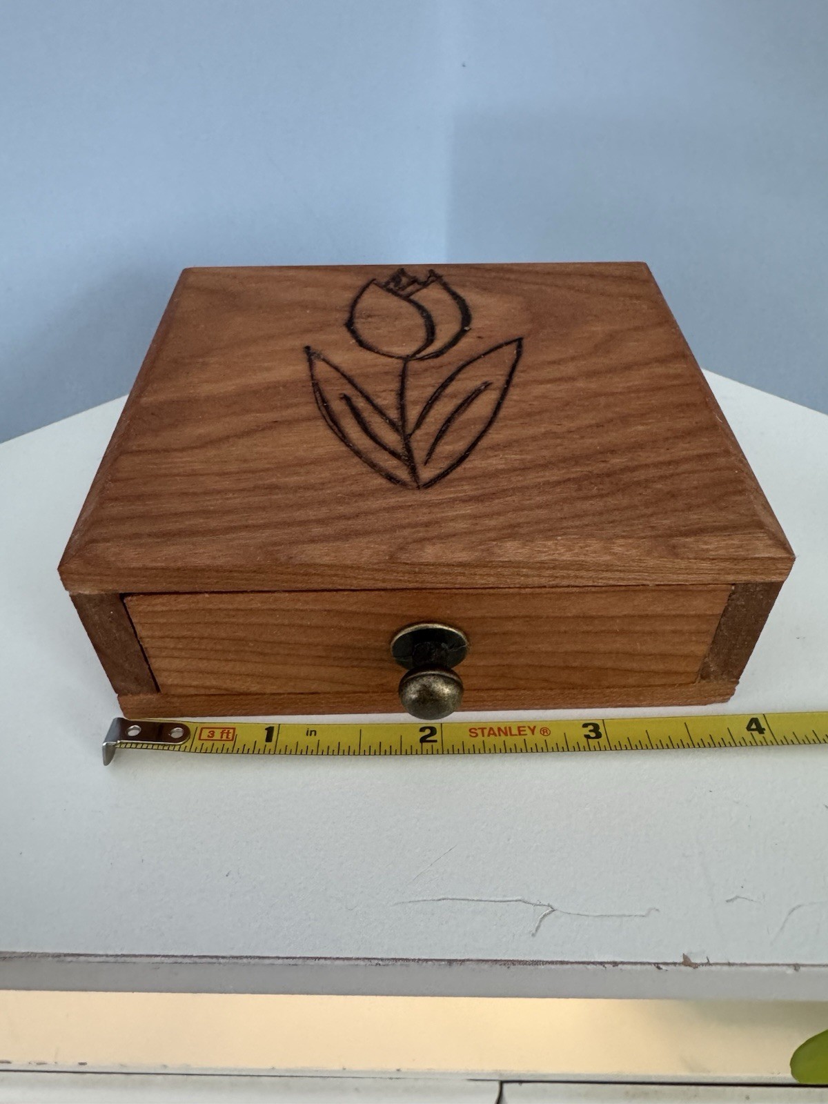 Small Handmade Cherry Wooden Trinket Box Rectangle Floral Design Drawer