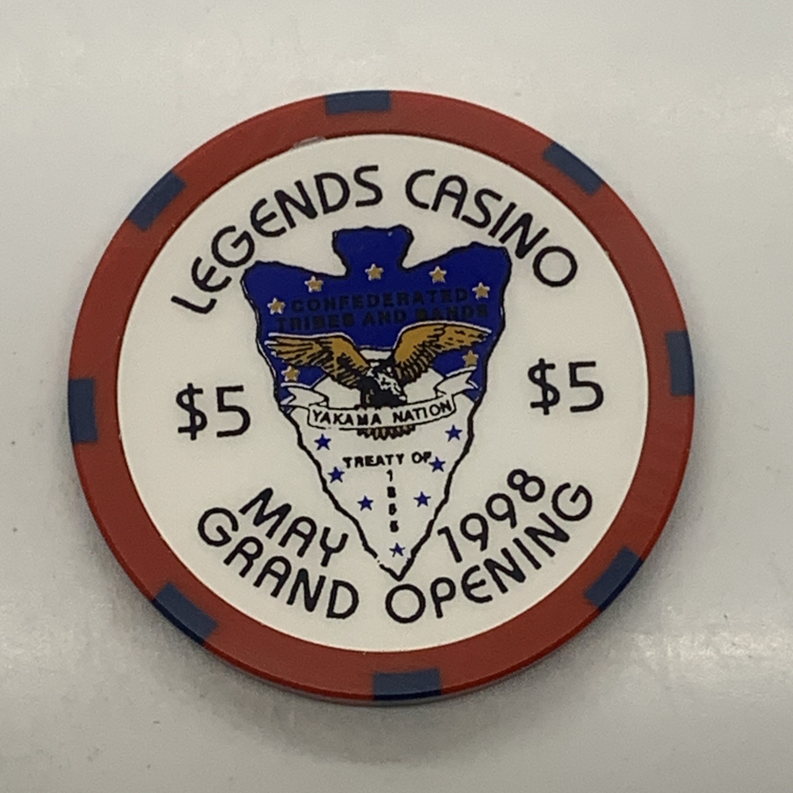 Legends Casino $5 Chip - Toppenish Washington - Grand Opening 1998
