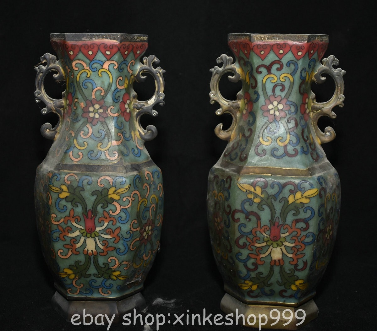9.2" Qing Qianlong Chinese Bronze Cloisonne Dynasty Double ear Vase Bottle Pair