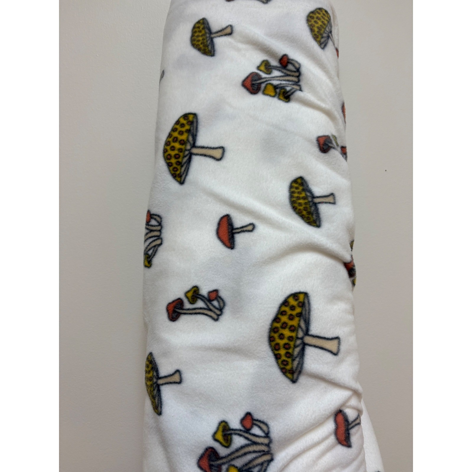 3.5 Yards White Fleece Fabric Mushroom Print Cozy Soft Crafting Sewing