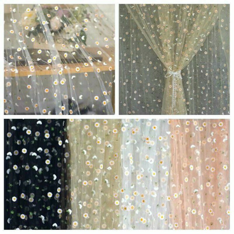 Daisy Flower Lace Fabric Voile Mesh Embroidery Tulle Skirt Curtain DIY Sheer