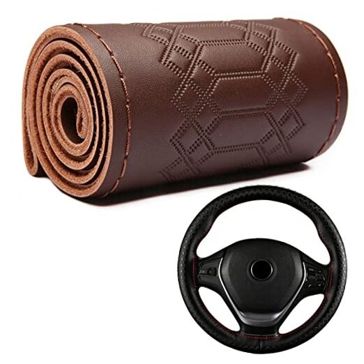  Car Steering Wheel Cover Universal Fit Round Stitch Steering Wheel Wrap Coffee