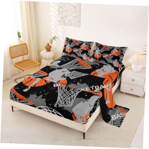  Basketball Bed Sheets Set Size for Kids,Sports Sheet Set for Full Black Grey