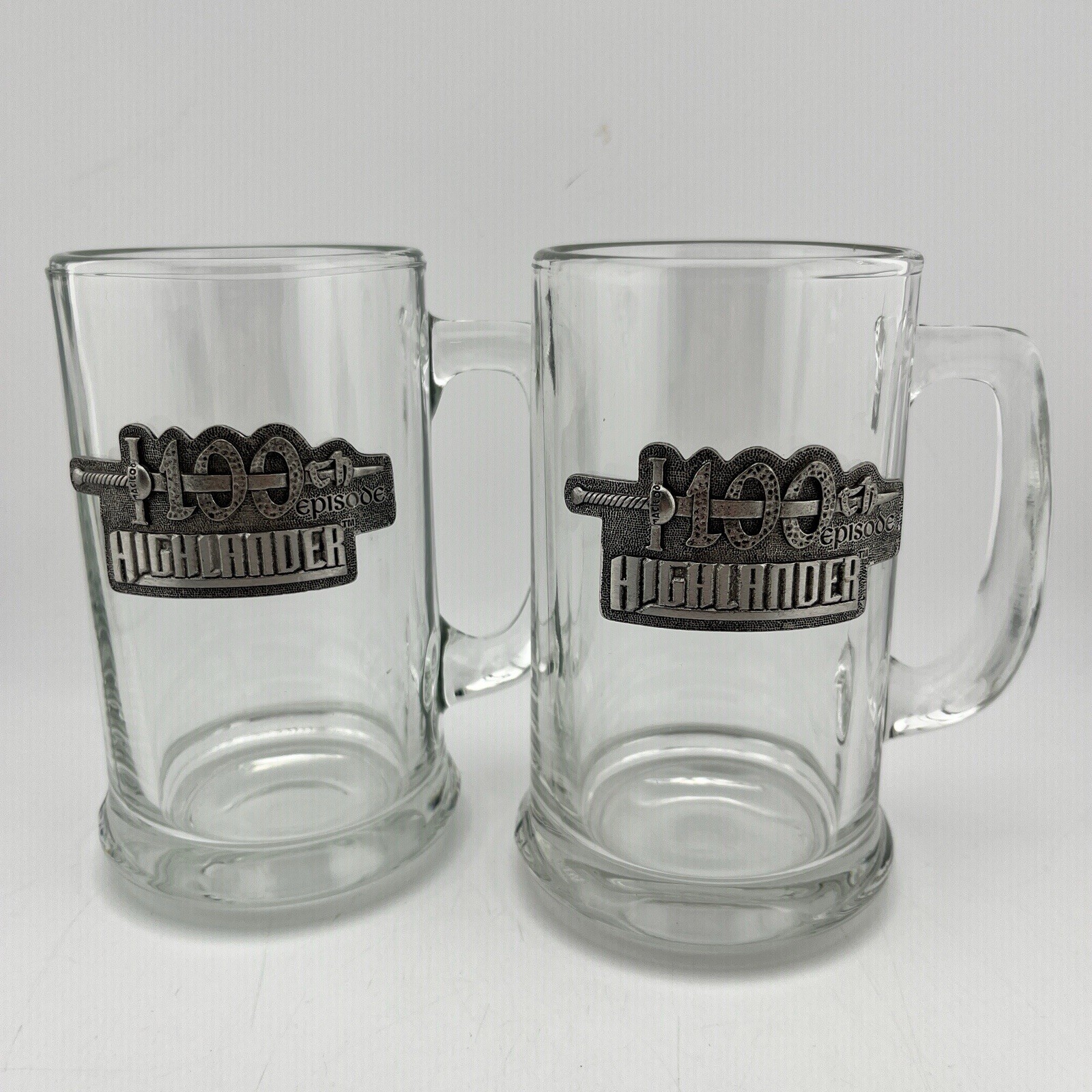 Highlander 100th Episode Beer Mugs Set of 2 Heavy Glass Commemorative TV Promo