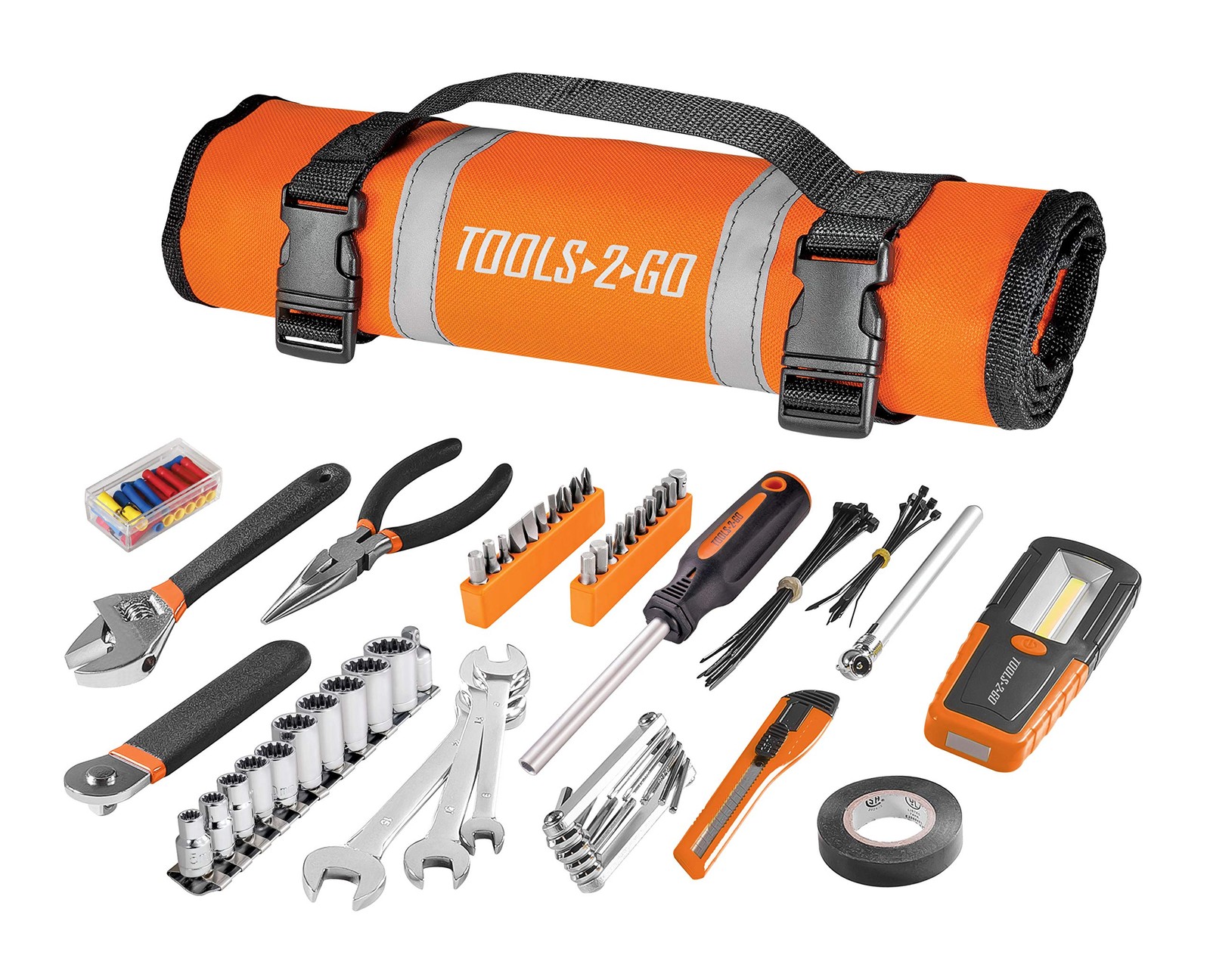 Tools2Go Tool 83 Piece Set with RollUp Pouch, Wrenches, Pliers, Work Light,