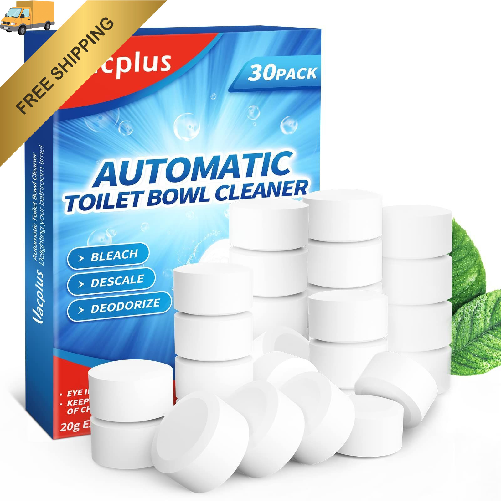 Vacplus Toilet Bowl Cleaner Tablets 30 PACK, 1 Count (Pack of 30), White 