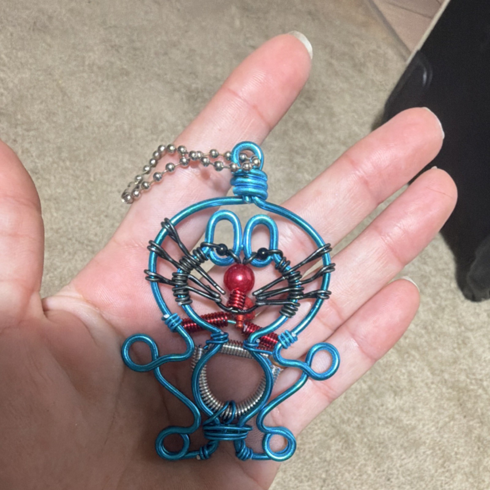 Handcrafted Wire Wrapped Animal Pendant Necklace Blue Red Ball Chain