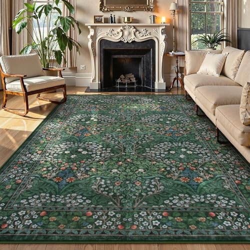  Floral Dark Green Area Rugs 8x10, Soft 8x10 Washable Rugs for Living Room 