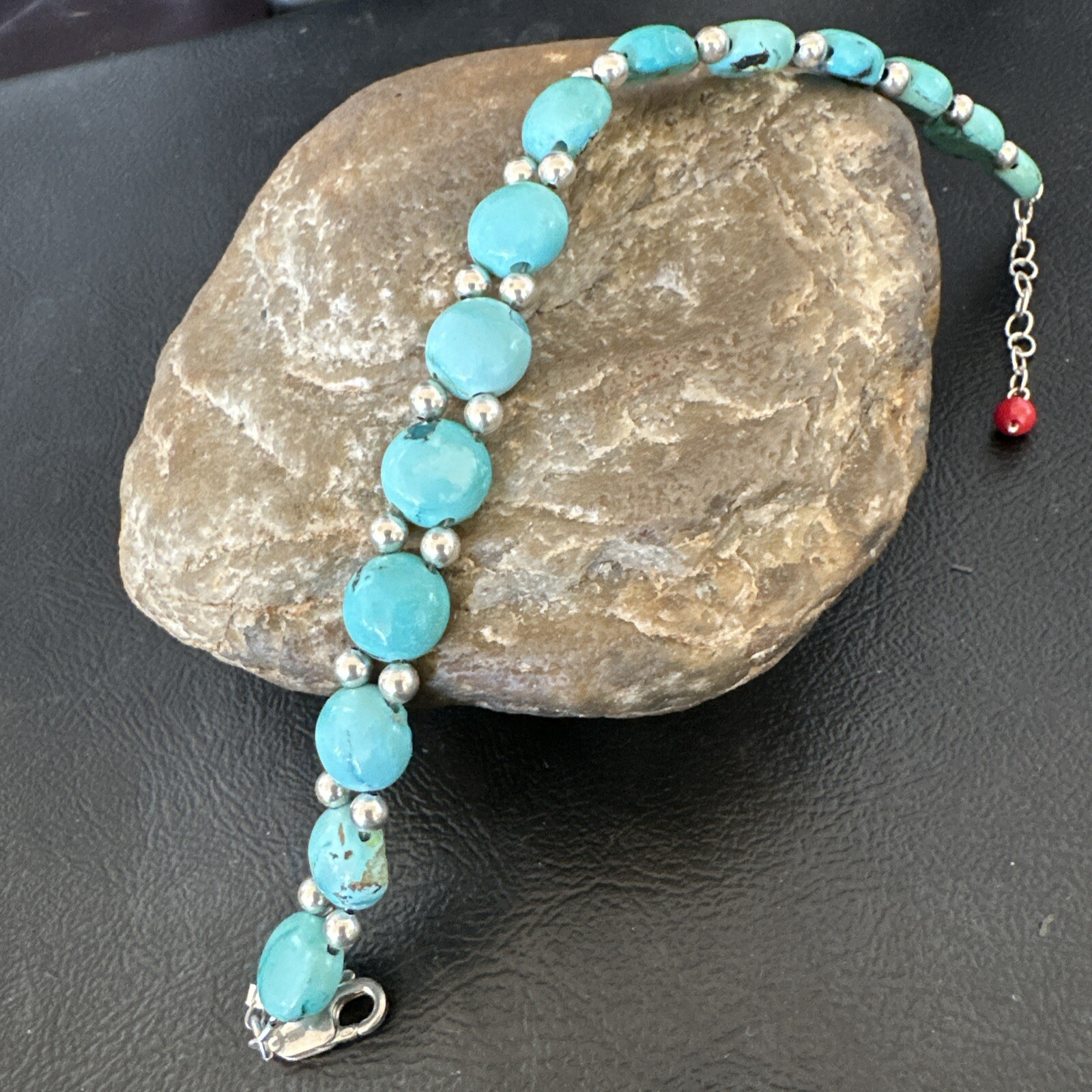 A Womens Blue Turquoise Bead Southwestern Sterling Silver Link Bracelet 8" 17233