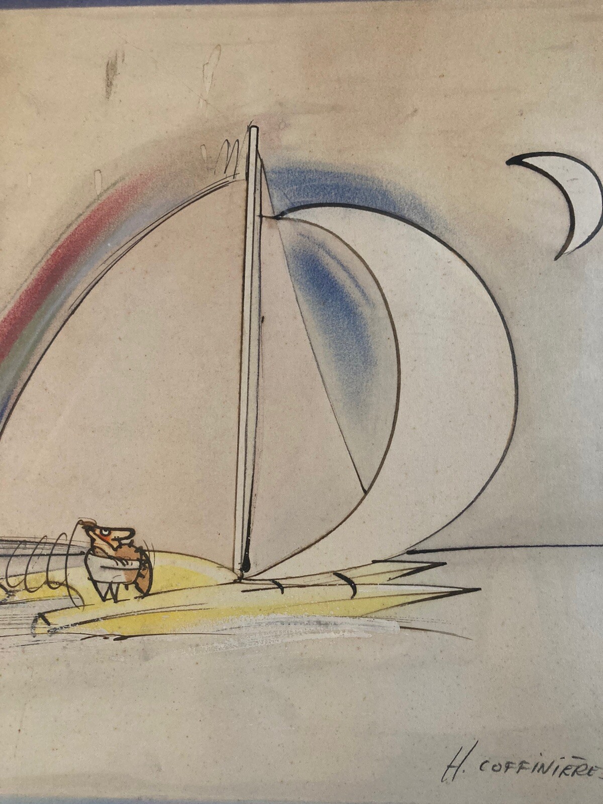 Beau DESSIN Hervé COFFINIERES Humour Bateau Mer Catamaran Aquarelle 1980 Art