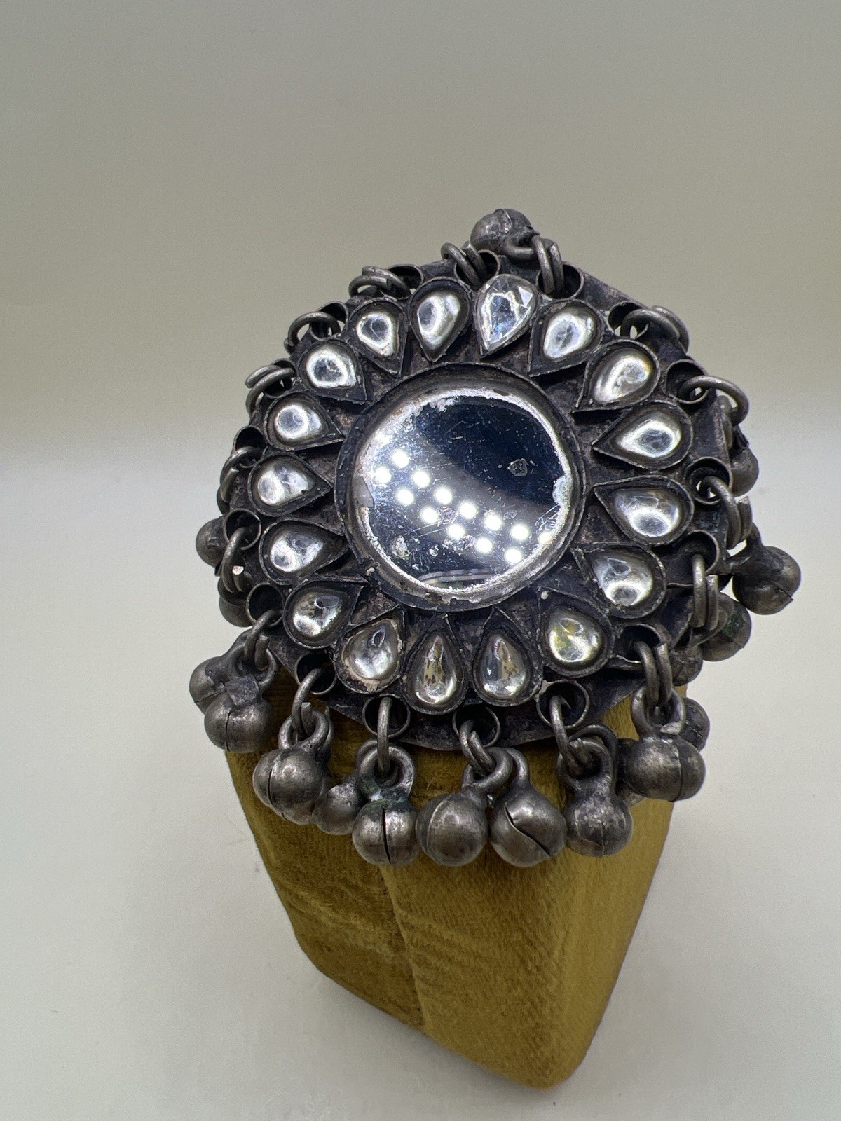 Vintage Afghan Kuchi Tribal Mirror Ring Dangle Bells Adjustable Statement Boho