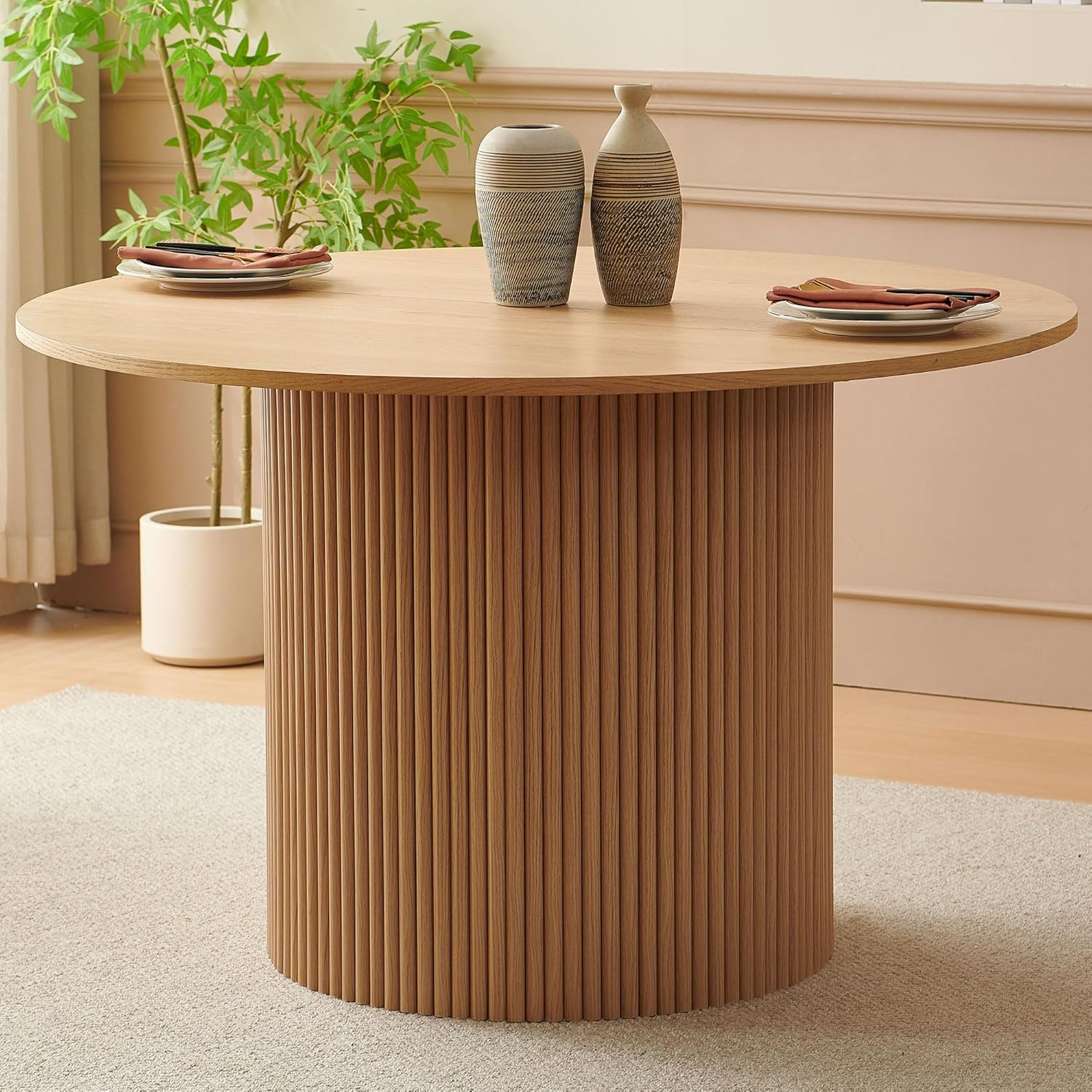 47" round Dining Table for 4, Modern Farmhouse Wood Veneer Top with MDF Striped 