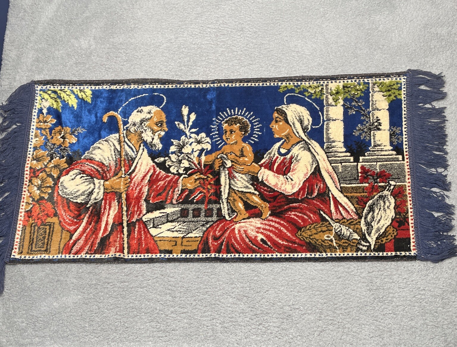 Vintage Holy Family Soft Tapestry Wall Hanging Kneeling Rug Jesus Mary Joseph