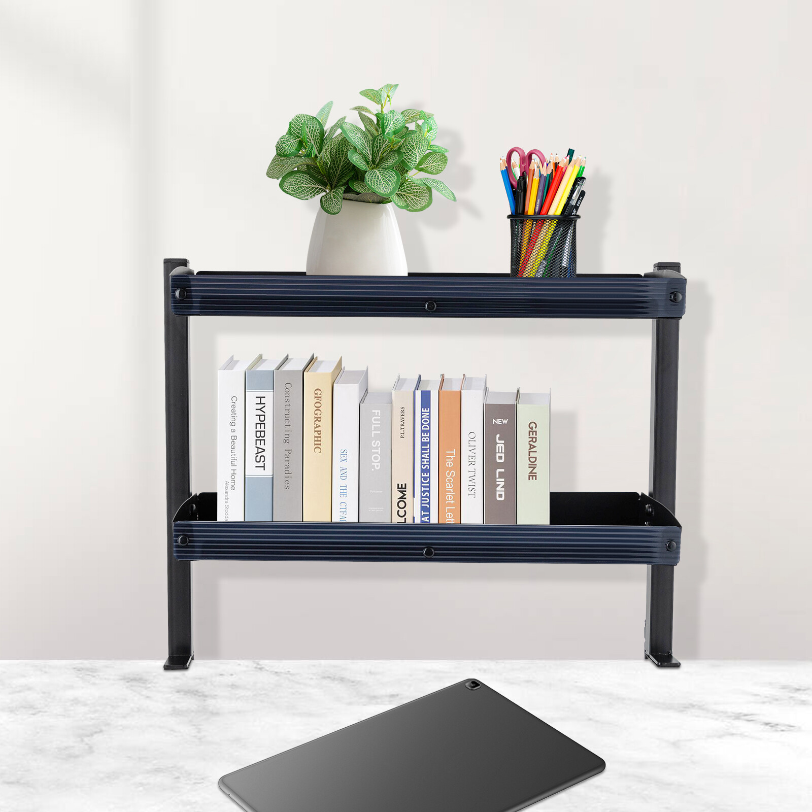 2-Tier Black Clip-on Desktop Organizer Desk ShelvingTable Adjustable StorageTray