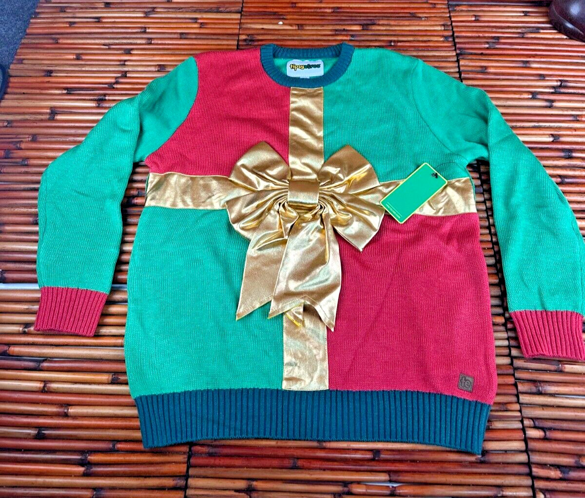 TIPSY ELVES SANTA GOLD BOW UGLY CHRISTMAS SWEATER Youth Unisex Size Medium NWT