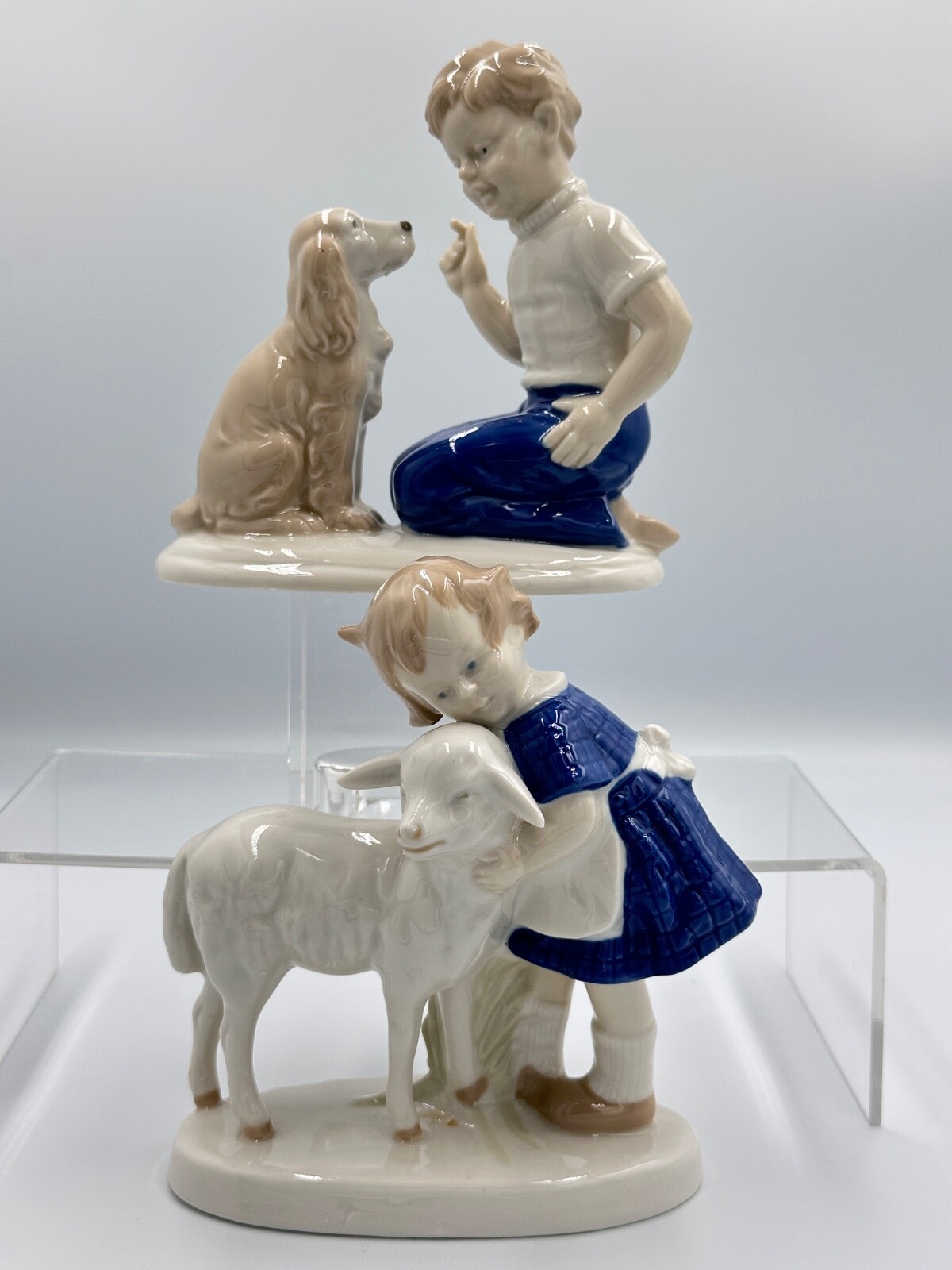 Figurine Statue Germany Child Playing Dog Sheep Porcelain Grafenthal X2