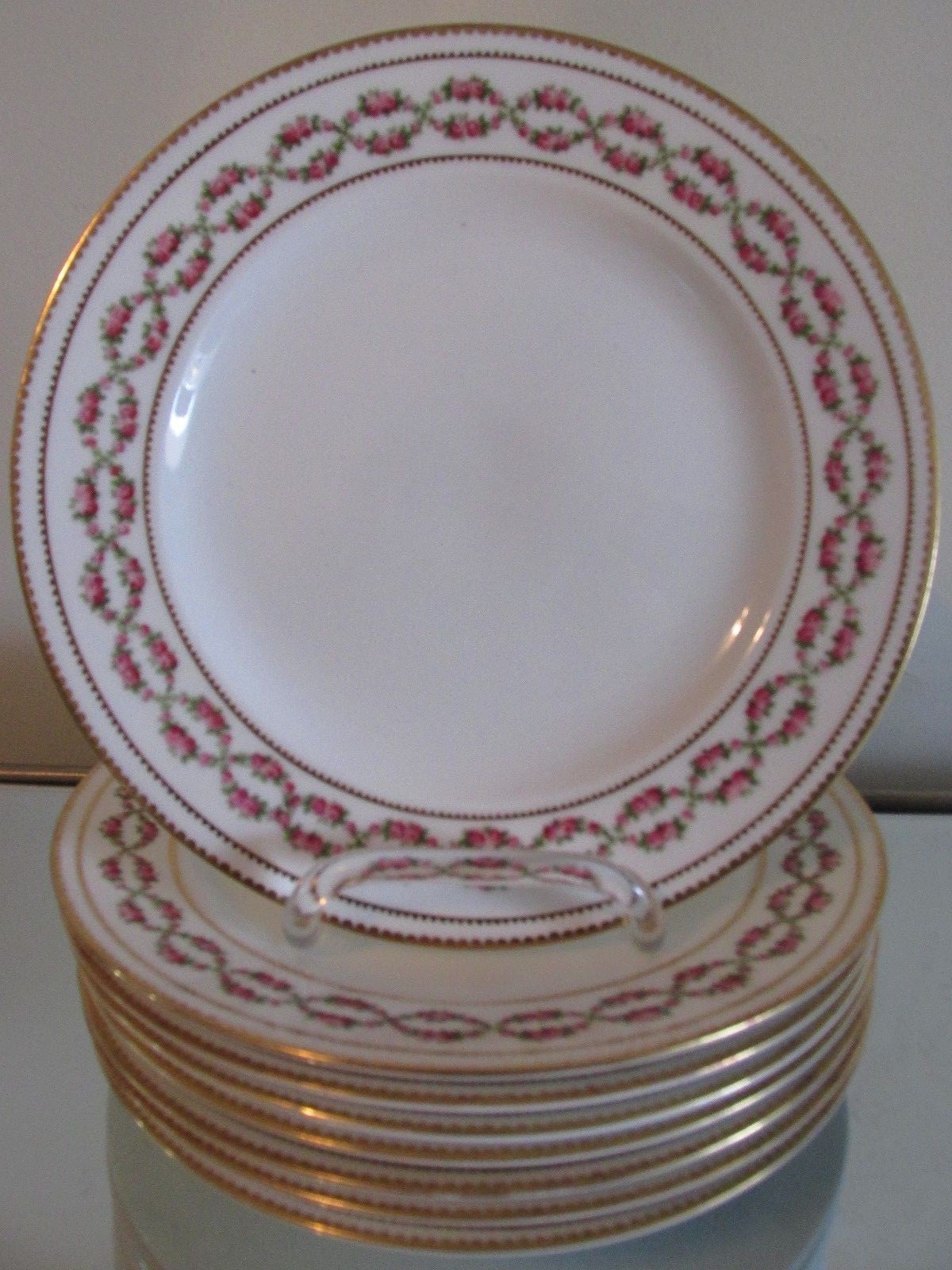 8 Antique English 9" PLATES Pink ROSE GARLAND JE CALDWELL Phila Geo Jones & Sons
