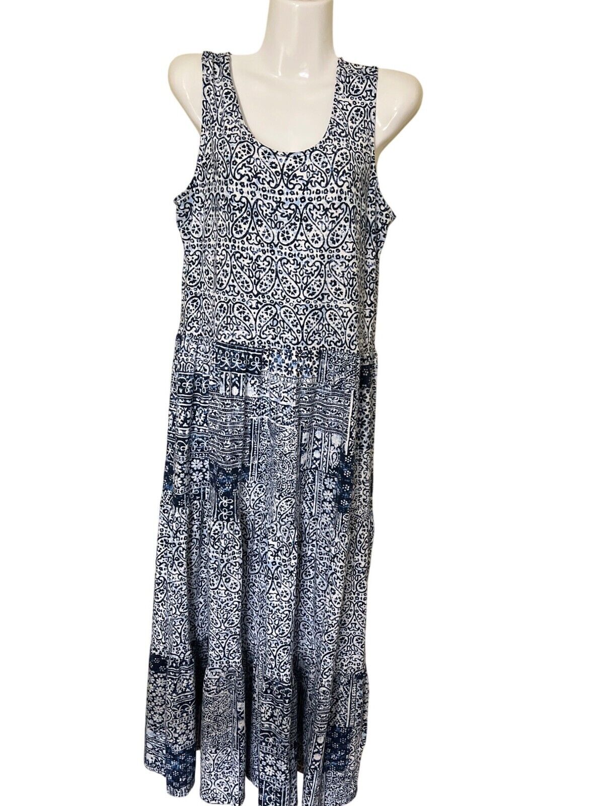 Lands End Sleeveless Midi Dress S Blue/White CottonBeach Coastal Lagenlook Lagom