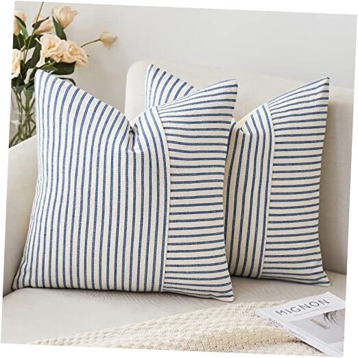  and Beige Patchwork Farmhouse Pillow Covers 18" x 18" (Pack of 2) Royal Blue