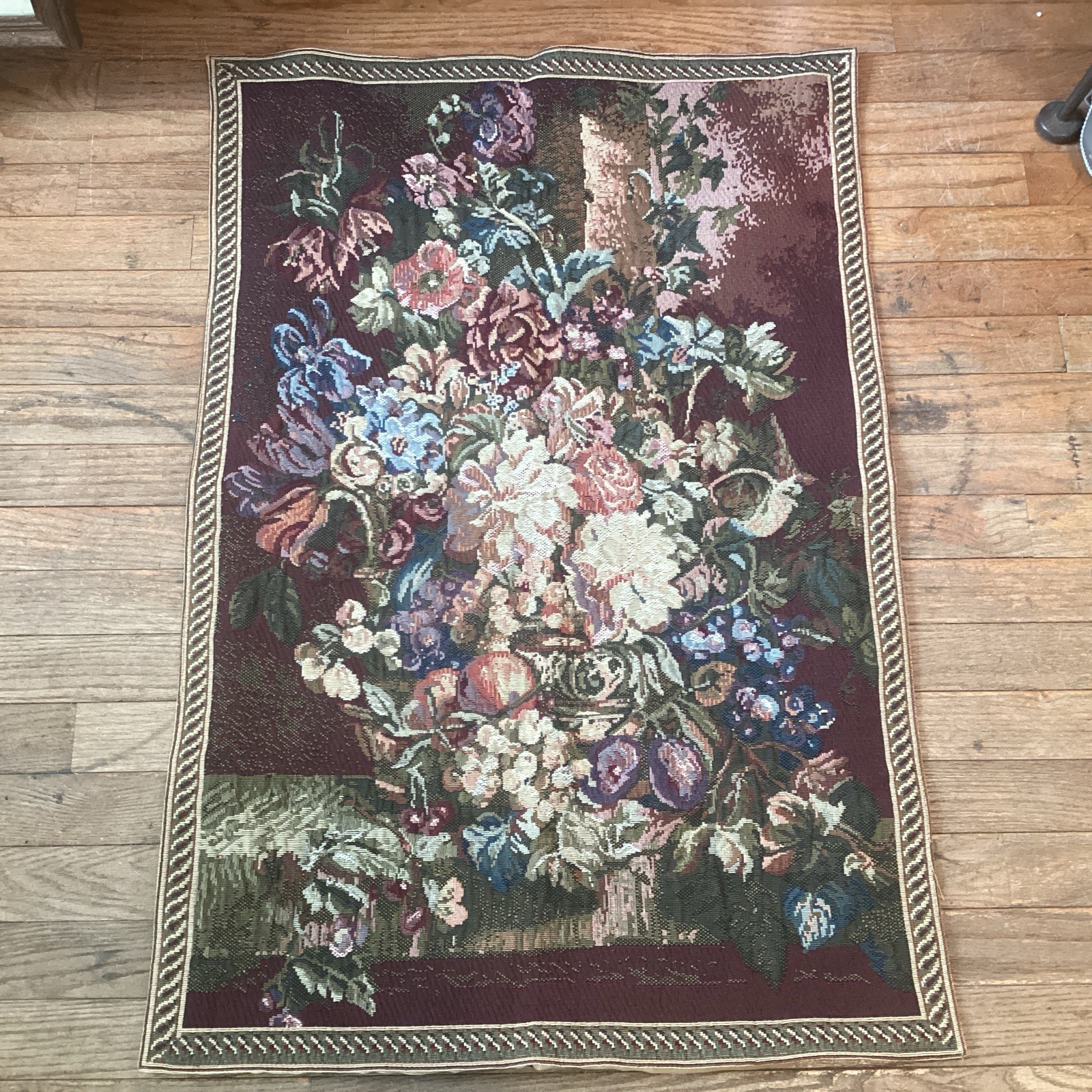 Vintage French Tapestry Floral Pictorial Wall Decor Tapestry 36X24 1/2 Inches