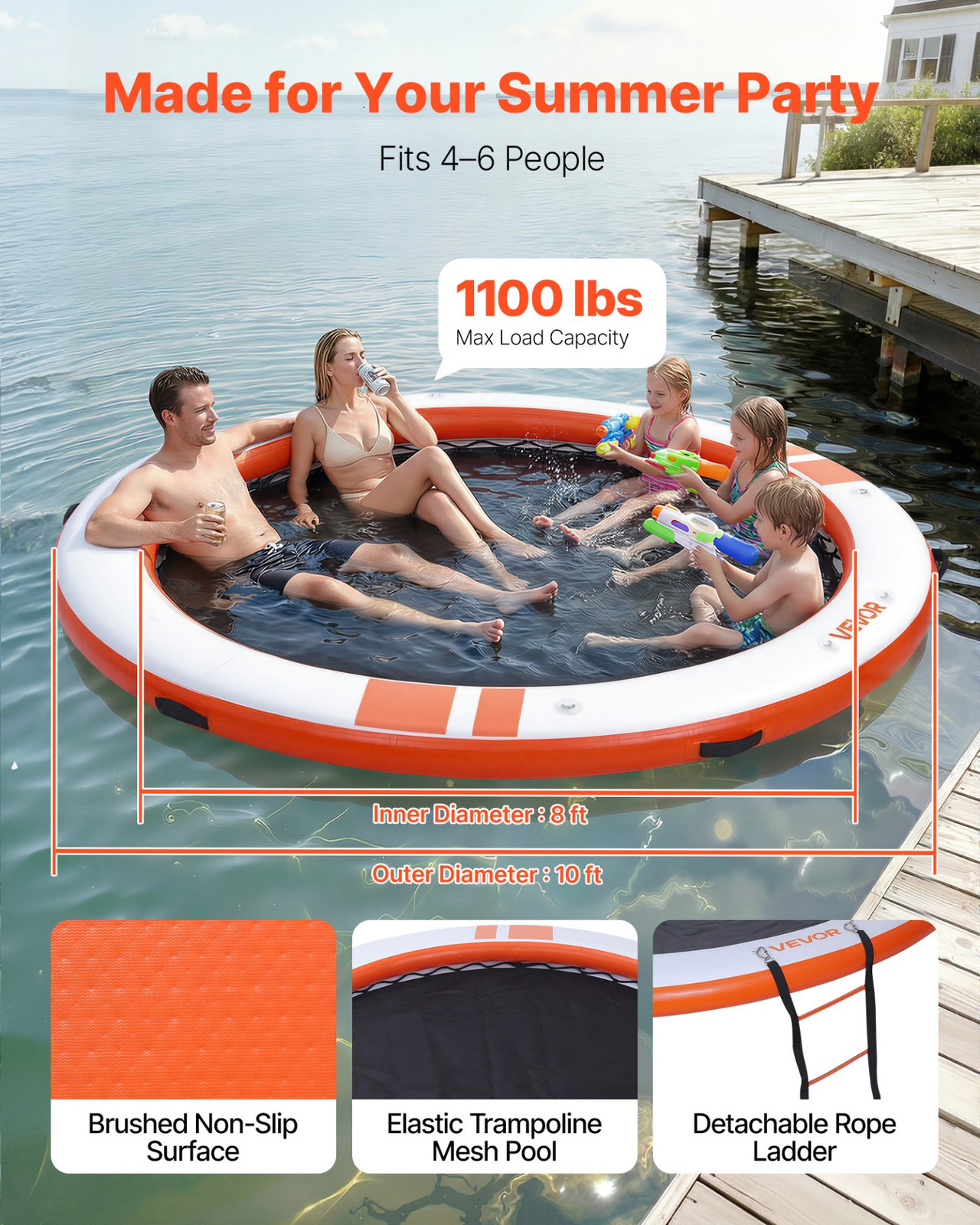 10FT Inflatable Floating Dock Platform w/ Ladder Non-Slip Water Mat Orange