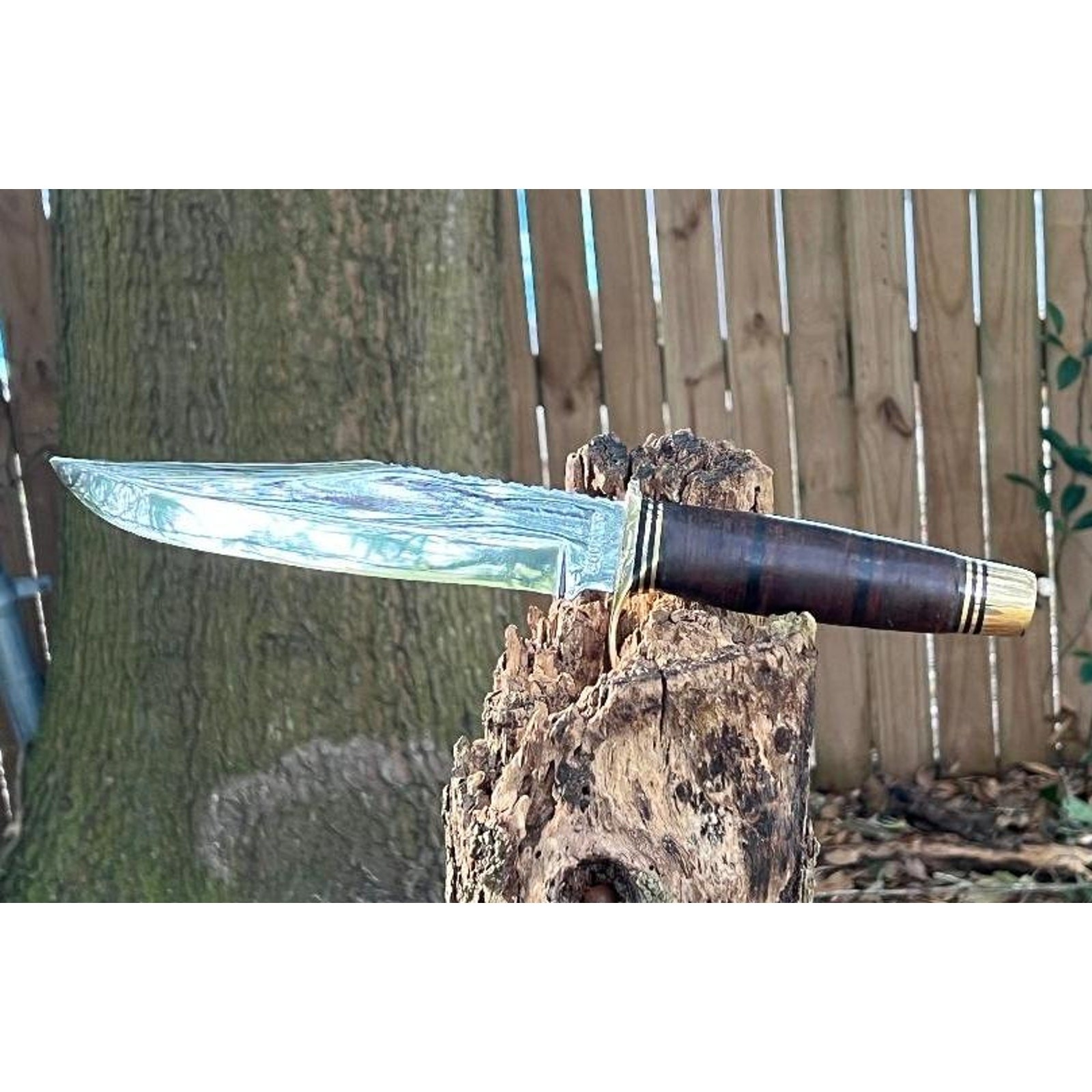 Handmade Bowie Knife: 440c Stainless Steel, Stacked Leather Grips, Sheath