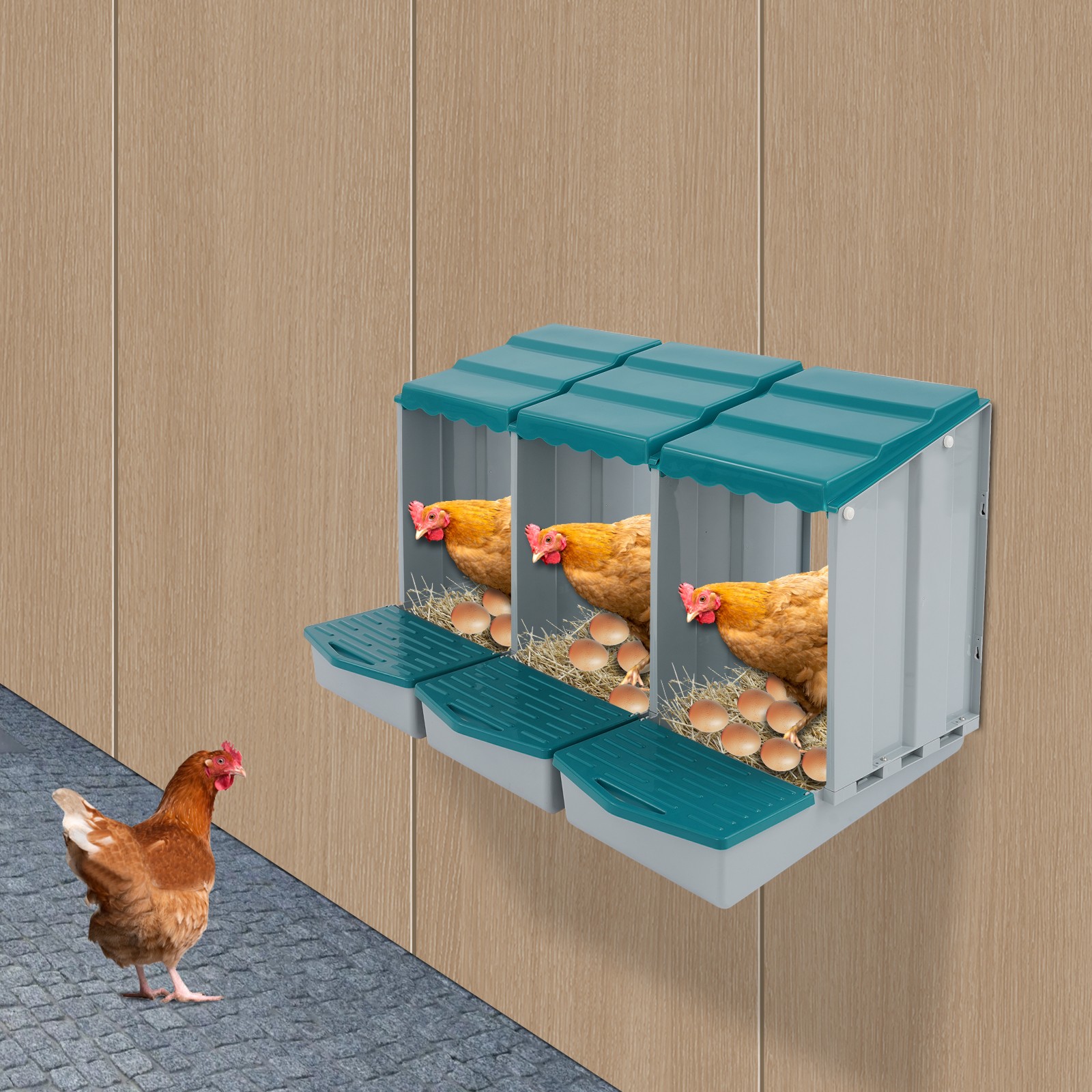 Chicken Nest Boxs, 3-Compartment Chicken Nesting Box, Chicken Laying Box with Eg