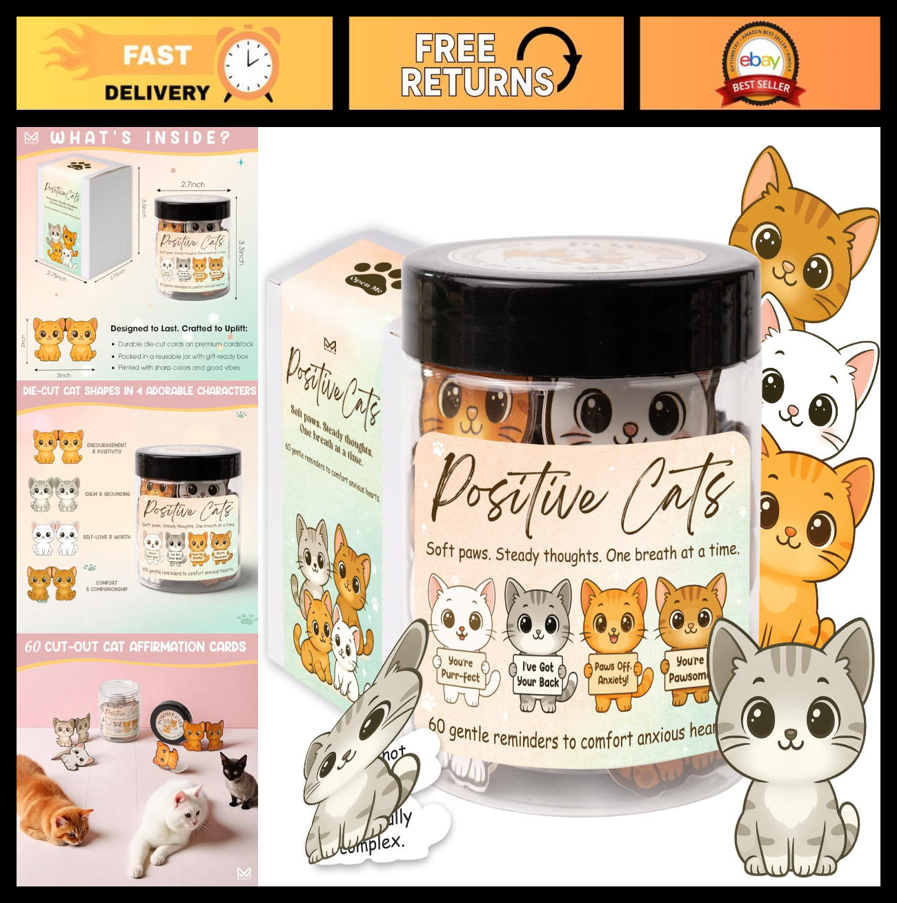 Positive Cats Affirmation Cards - 60 Self-Care & Anxiety Relief Gifts for Cat Lo