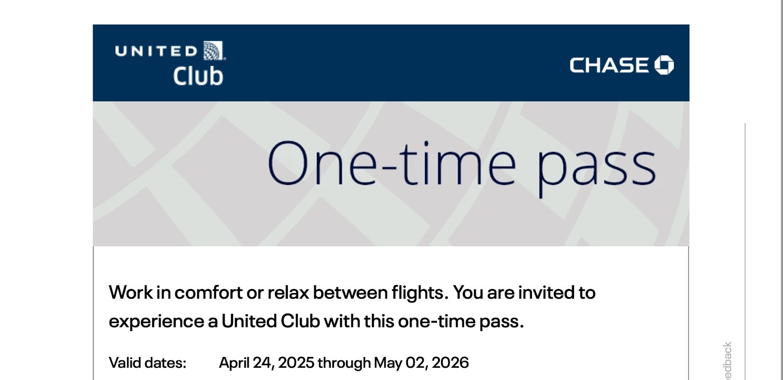 United Club One-Time Pass (1 Pass) - E-Delivery ONLY  Expires 5-2-2026