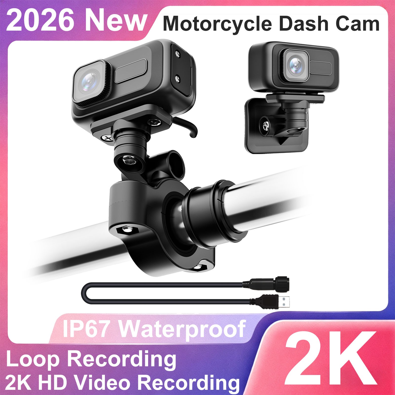 Motorcycle Dash Cam 2K HD Video Recorder 64GB SD Card Waterproof 140° Wide Angle