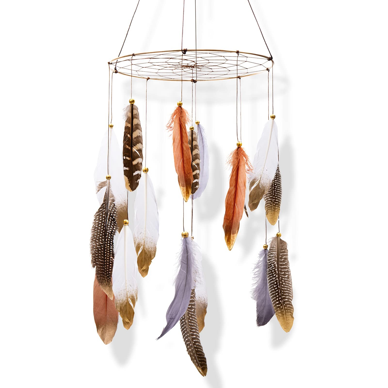 Boho Feather Baby Mobile for Crib, Bohemian Nursery Gender Neutral Brown 