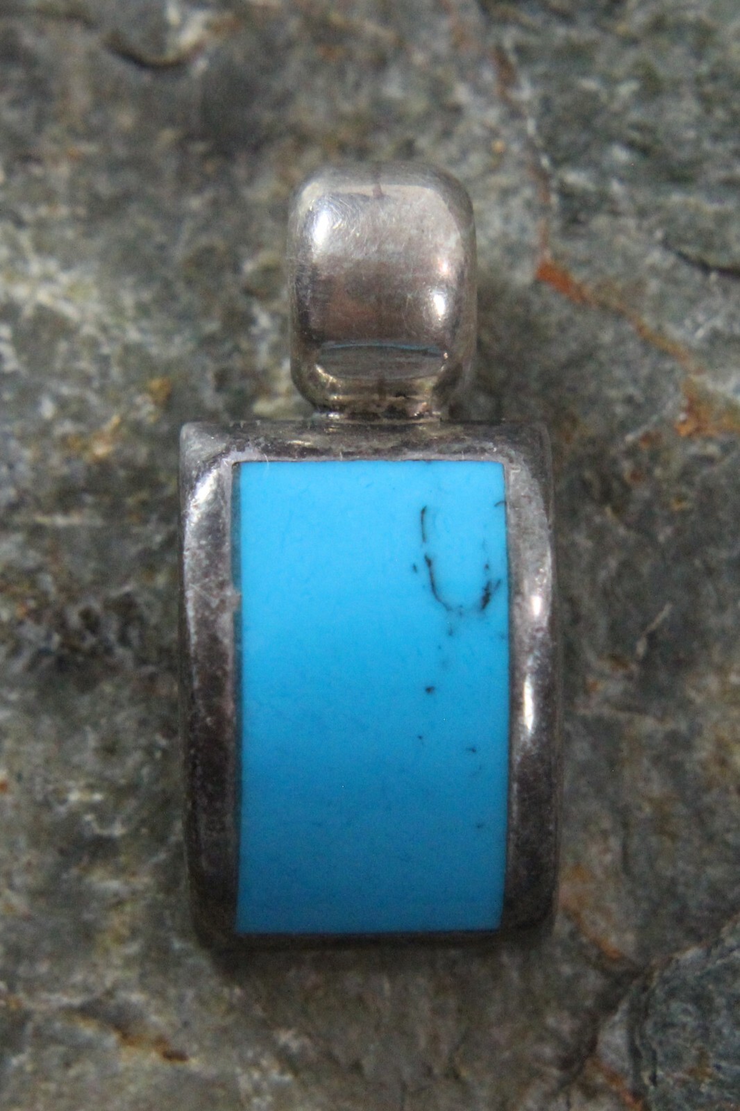 Vintage Mexico Turquoise Small Pendant 925 Sterling Silver Rectangle Inlay