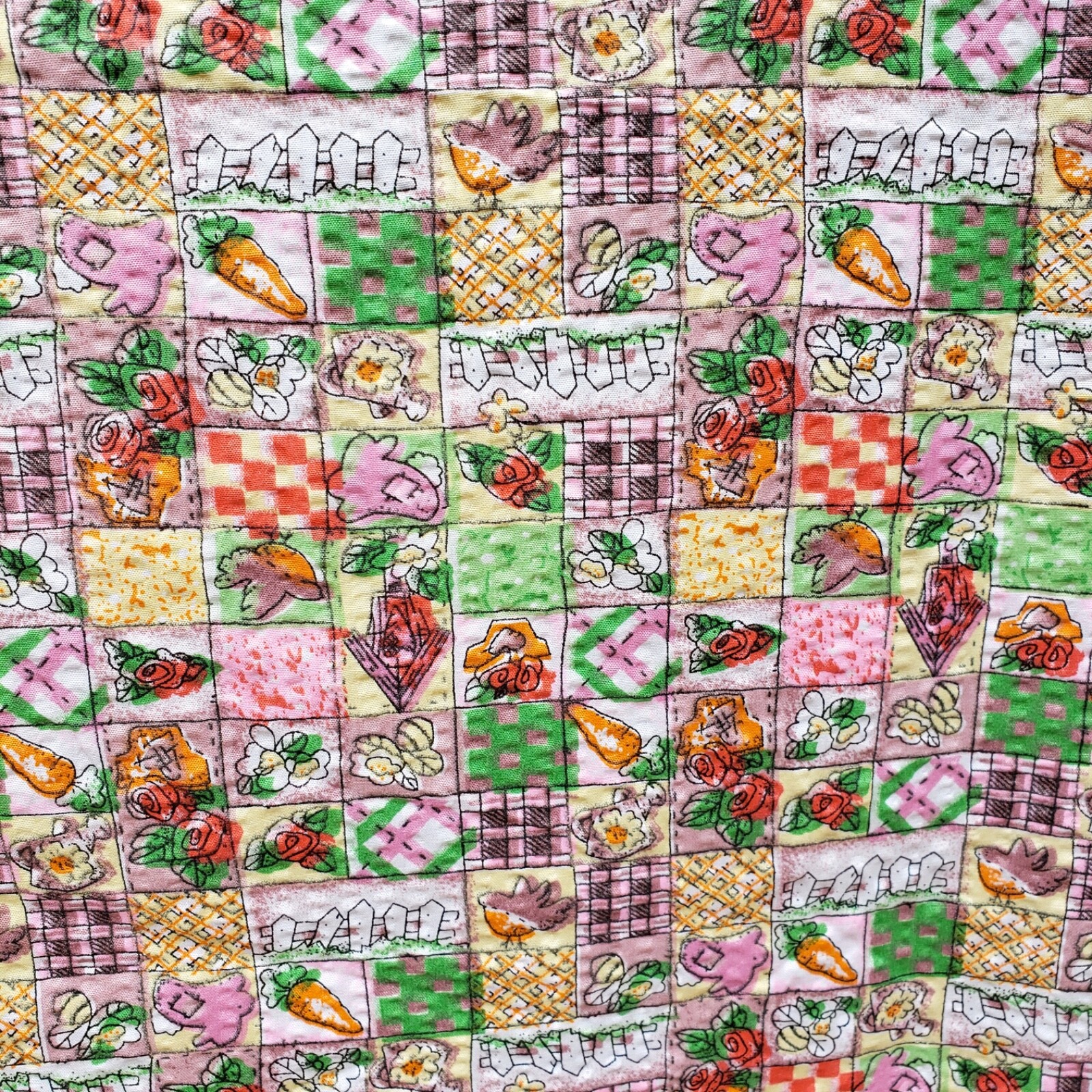 Vintage Seersucker Fabric Garden Patchwork Print 2y X 60"