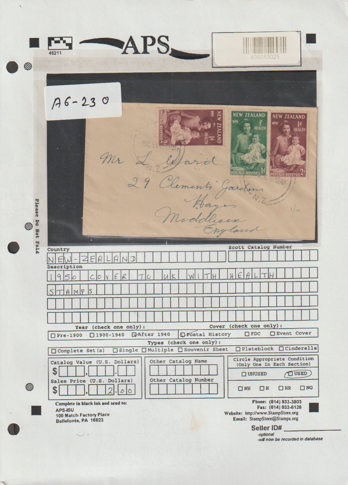 JN New Zealand 1950 cover to UK with health stamps