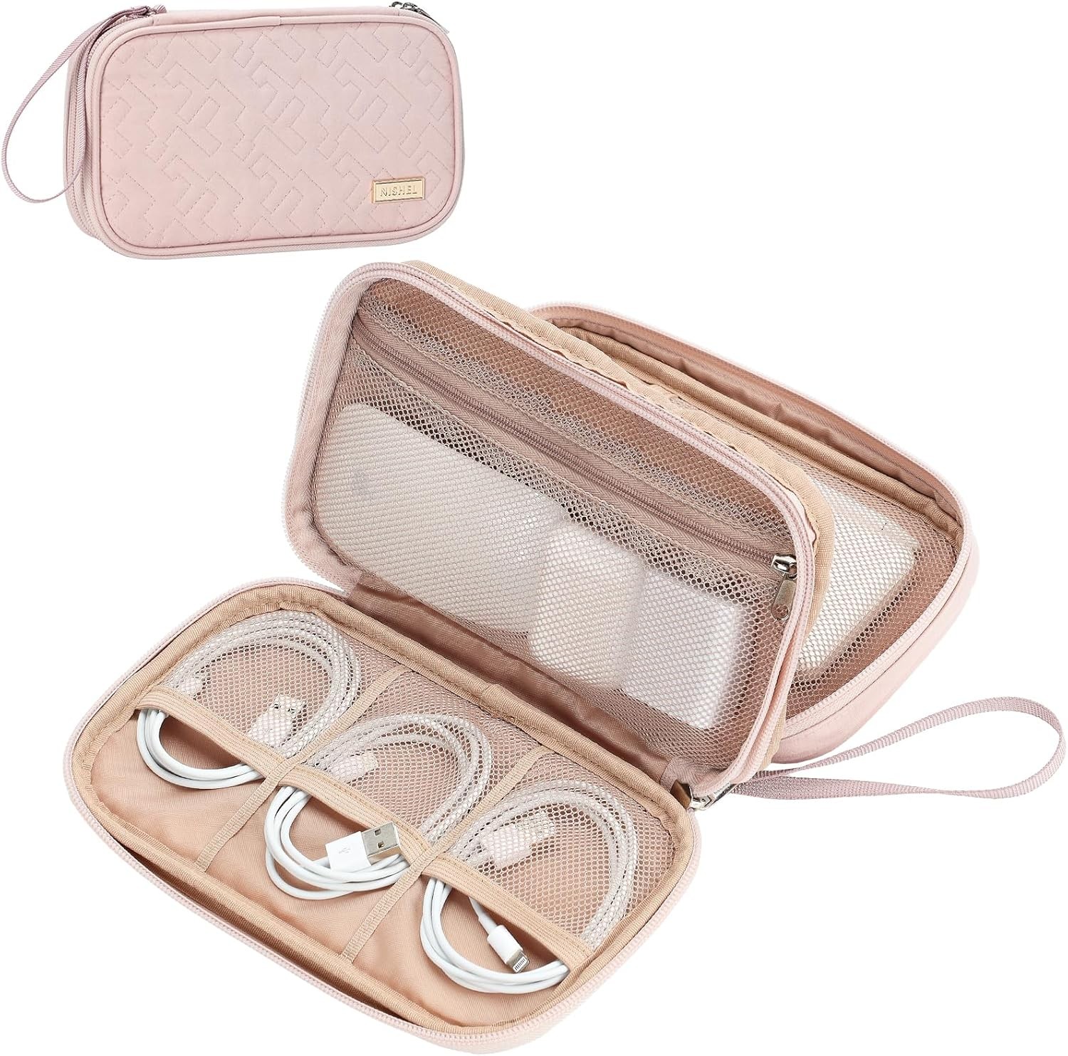 NISHEL Travel Cord Organizer Case, Double Layers Tech Electronic Medium, Pink 