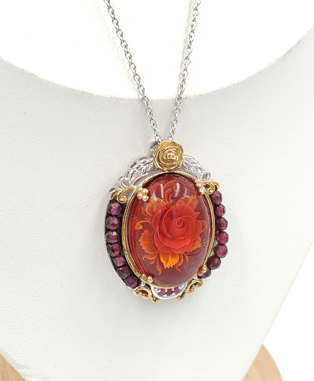Michael Valitutti Gems En Vogue Carved Amber Rose Flower Sterling Pendant Chain